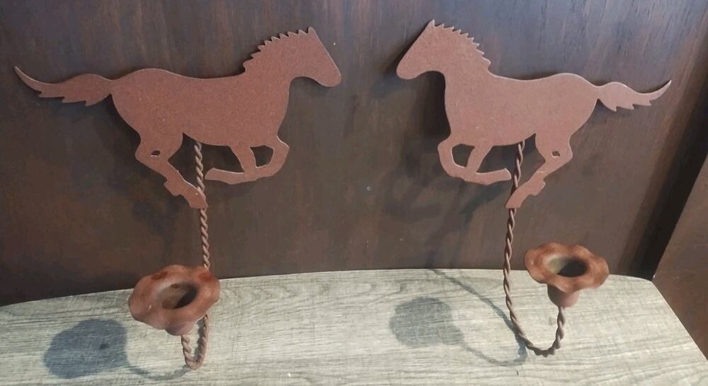 Vintage Rustic Metal Horse CandleStick Holders Set of 2 wall hanging 10 x 9 in.